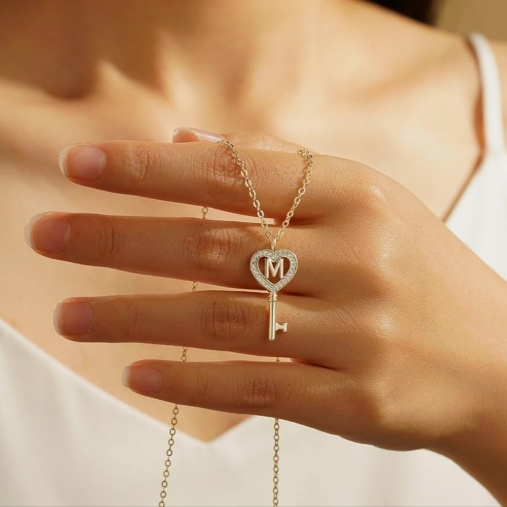 NEW Beautiful Pave Letter M Initial Heart Key Necklace